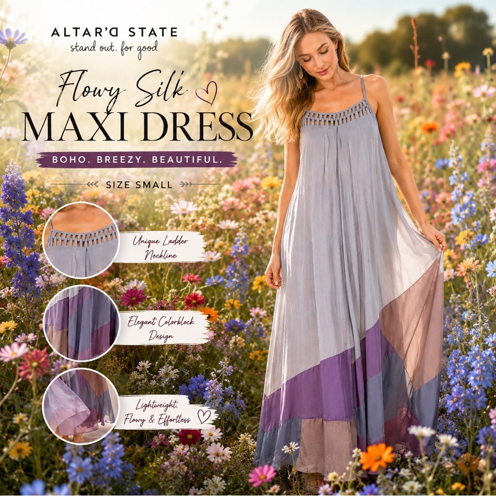 Altar’d State Flowy Silk Multicolor Boho Maxi Dress Size Small Unique Design